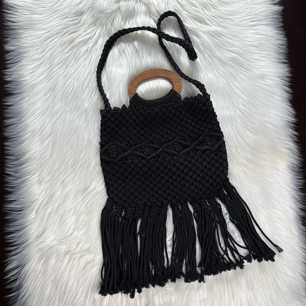 Danielle Nicole Black Macrame Fringe Bag - image 1